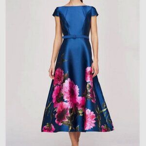 Kay Unger Blue Ina Peony Mikado Cocktail Midi Dress Size 10 $318 *Less Belt